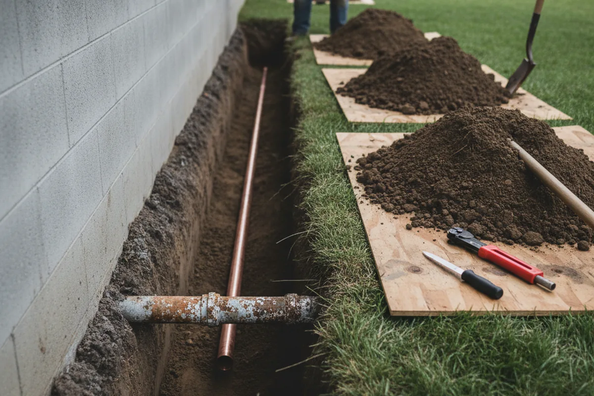 Excavated water line trench during Sewer Line Repair in Henry